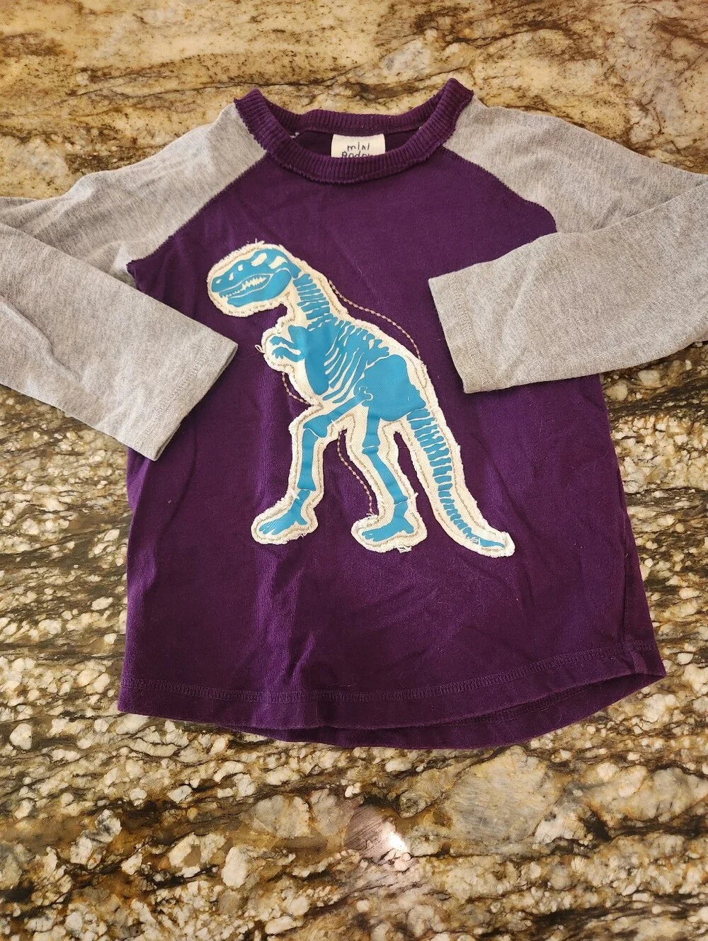 Mini Boden Purple Raglan Tee with Blue Dinosaur 2/3